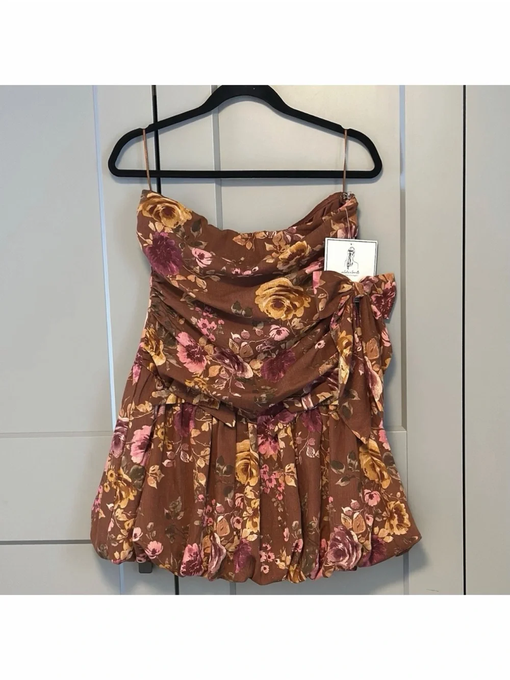 Jessica Simpson Strapless Mini Dress + Hair Bow 2 Pc Set Earthy Floral Cottage L
